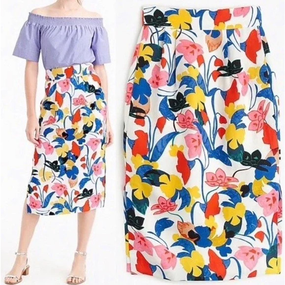 J. Crew Dresses & Skirts - J Crew Sz 2 Morning Floral Pintucked Midi Skirt Abstract Colorful A Line Pencil